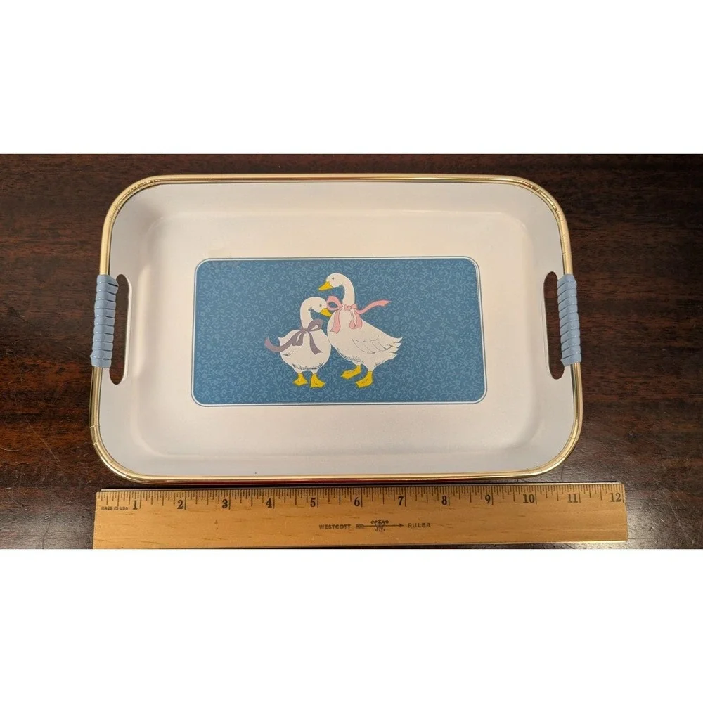 Vintage Made in Japan Serving Trays Ducks Geese Blue Gold Trim Set of 3